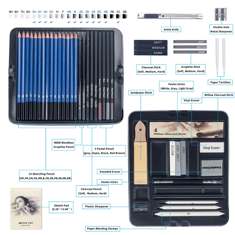 50 قطعة مجموعة أقلام رصاص رسم  - مراجعة Sketching Charcoal Set وسعره