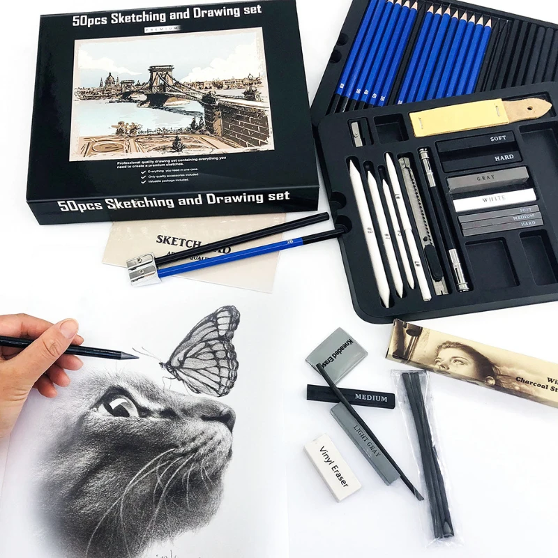 50 قطعة مجموعة أقلام رصاص رسم  - مراجعة Sketching Charcoal Set وسعره